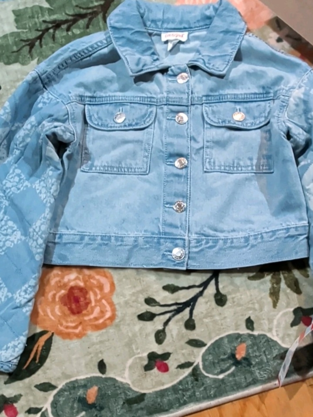 Cat & Jack Girls Blue Floral Denim Jacket Button Blue Jean Jacket Sz S 6/7